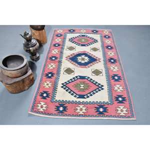 Tapis Kilim turc vintage grand 3.9x6 pieds rose bleu Patchwork Design laine jonc de mer support en Latex pour décor de chambre de couloir - Product Image 1
