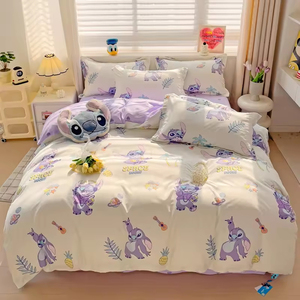 Juego de cama cómodo y encantador de 2m con estampado Floral de dibujos animados, Sábana plana de algodón lavado de 4 piezas, 2 fundas de almohada para niños para hoteles - Product Image 4