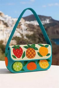 Bolso de hombro con cuentas de semillas con patrón de frutas para mujer, diseño de fresa, piña y limón, hecho a mano, color verde azulado, para fiesta de verano, tipo clutch - Product Image 2
