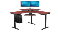 Bureau d'angle électrique convertible moderne VersaDesk, finition cerisier, revêtement poudré, hauteur réglable, bois/métal, pour bureau/salon