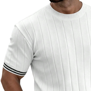 Mens Vertical Stripe Knit Short Sleeve Crew Neck Casual <b>Summer</b> <b>Shirt</b> Soft Comfortable Breathable Slim Fit Lightweight Quick Dry - Product Image 3