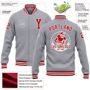 Custom Gray Red-<b>White</b> Bomber Full-Snap Varsity Letterman <b>Jacket</b> Windbreaker Men's Varsity <b>Jacket</b> - Product Image 2