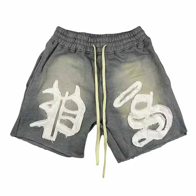 Người Đàn Ông Cotton Axit Rửa Quần Short Tùy Chỉnh Phun In Đen Đá Rửa Pháp Terry Thạch Sunfade Axit Rửa Quần Short