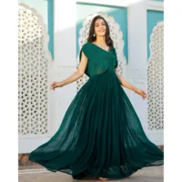 Robe de soirée longue vert forêt en georgette brodée de sequins, style vintage, sans manches, col rond, pour bal et cérémonies