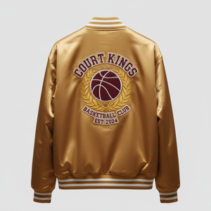 Chaqueta Universitaria de Invierno Personalizada en Satén Dorado, Acabado Teñido Sólido, Logotipo Bordado, Ecológica, MOQ Bajo, Diseño para Club de Baloncesto - Product Image 2
