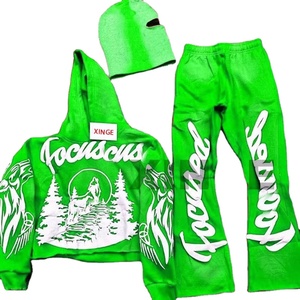 Conjunto de Sudadera con Cremallera y Pantalones Acampanados Holgados de Estilo Urbano con Pedrería, Diseño Desgastado y Personalizado por el Fabricante - Product Image 1