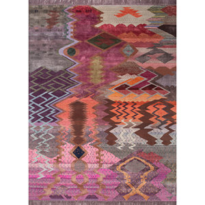 Alfombra de Lana y Seda de Bambú Anudada a Mano Freedom Manchaha Rosa Púrpura, Geométrica, 9x12, para Decoración de Sala de Estar, 10 mm - Product Image 1