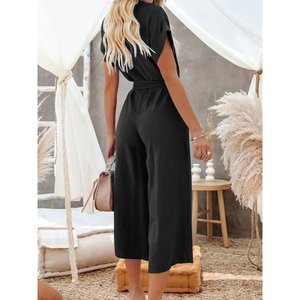 Women's Short Sleeve V-Neck Buttoned Belted <b>Pocket</b> Detail Long <b>Jumpsuit</b>, 33924 - Product Image 2