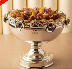 Cuenco de Ramadán blanco y dorado de metal de aspecto único con soporte de diseño de hojas para restaurante de hotel - Product Image 3