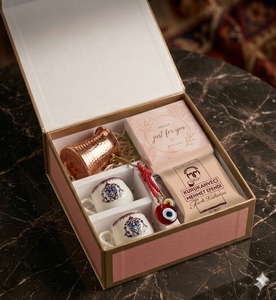 Luxury Turkish Coffee <b>Gift</b> <b>Box</b> Set with Copper Pot, Turkish Coffee Cups, Turkish Coffee, Chocolate & Evil Eye Keychain - Product Image 6