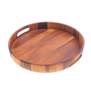 Bandeja redonda de madera Bandeja de madera hecha a mano con asa Bandeja de utensilios de cocina decorativa de madera maciza hecha en la India - Product Image 1
