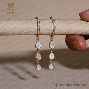 Pendientes de piedras preciosas de Luna arcoíris naturales, joyería colgante de gota de diamante pavimentado, pendientes de tres gotas hechos a mano - Product Image 4