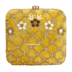 Handmade Zari Embroidery Evening <b>Clutch</b> Purse Made by Indian <b>Yellow</b> Color Used Wedding Party Handbag For Evening <b>Clutches</b> Gift - Product Image 1