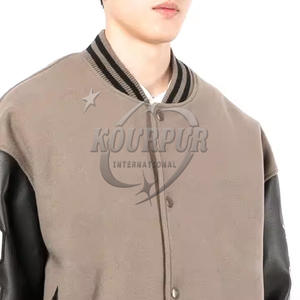 Chaqueta universitaria de cuero de lujo personalizada para hombre, negra y gris con cuello levantado y logotipo frontal para estilo Letterman - Product Image 5