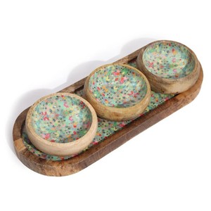 Posavasos de nogal, bandeja para servir de madera de mango con cuencos coloridos, cuenco de madera para condimentos, plato para aperitivos, plato para servir para el hogar - Product Image 1