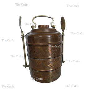 Boîte à déjeuner Tiffin en cuivre à 3 niveaux avec cuillère et fourchette en laiton Boîte à lunch de stockage d'aliments de qualité supérieure la plus vendue - Product Image 2