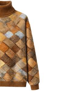 Custom Premium Women Turtleneck Patchwork Knit Sweater Soft Warm Winter Pullover Casual Fashion Top <b>Brown</b> Beige Blue Multicolor - Product Image 4