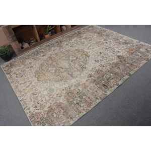 Vintage Beige 6x8ft laine et fourrure tapis turc élégant Patchwork Rectangle Design pour entrée ou salon décor - Product Image 5