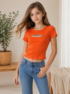 Camiseta Corta sin Cuello de Algodón y Fibra de Bambú con Diseño Acordonado para Mujer, Corte Ajustado, Manga Corta, Estilo Casual para Primavera/Verano - Product Image 4
