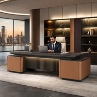 Bureau de direction de luxe pour PDG avec double meuble de rangement en cuir PU, bande lumineuse LED et chargeur sans fil