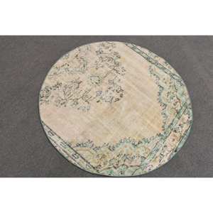 พรมขนสัตว์สีเบจสีเขียววินเทจ4.2ft สี่เหลี่ยมผืนผ้าตุรกีทำด้วยมือพรมยางรองหลังสำหรับห้องนั่งเล่นวัยรุ่นเย็บปะติดปะต่อกัน - Product Image 4