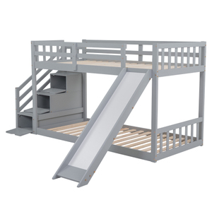 Lit superposé moderne en bois de pin massif avec glissière, garde-corps, rangement et design écologique - Ensemble de meubles de chambre amusants pour garçons et filles - Product Image 2