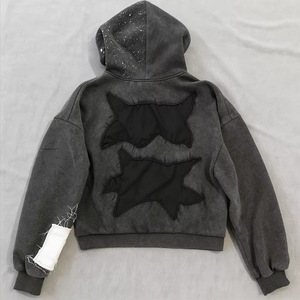 Sweat à capuche pour homme en coton 100% avec étiquette personnalisée, broderie usée, coton délavé à l'acide, fermeture éclair, strass - Product Image 2