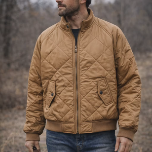 Veste bomber matelassée marron camel pour homme, légère, rembourrée, d'hiver, à coutures en losange, isolée, zippée, décontractée, côtelée - Product Image 1