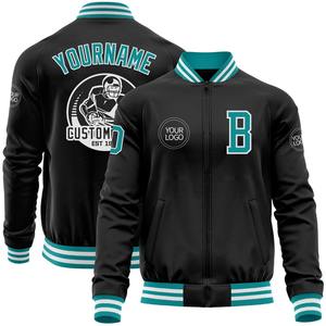 Custom negro verde azulado-blanco bombardero Varsity Letterman cremallera chaqueta cortavientos Streetwear vintage hombres Varsity chaqueta - Product Image 1