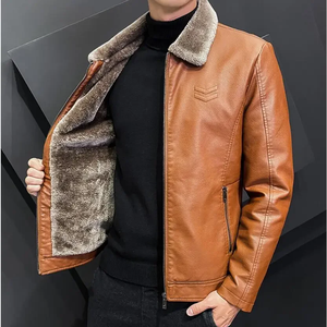 Veste en cuir épaissie à la mode en hiver, revers solide, fermeture à glissière, veste en cuir grande taille pour hommes, bombardier, manteau polaire - Product Image 1
