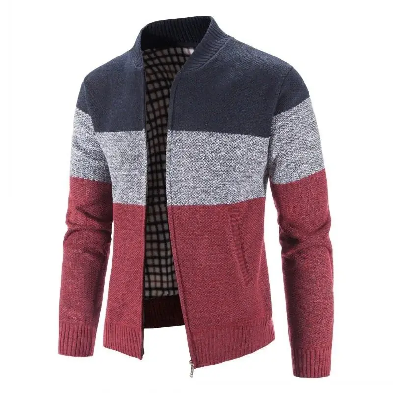 Nouveaux hommes pleine fermeture éclair rayé tricoté couleur-bloc Cardigan pull hiver chaud veste hommes manteau