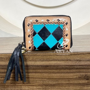 Mini porte-monnaie en cuir véritable usiné à la main pour femmes et porte-carte à glissière gland portefeuille en cuir à carreaux sac à main pour femmes à la mode - Product Image 1