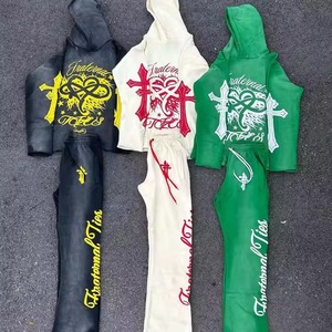 Custom Print Heavyweight Puff Print Zip up Hoodie and Flared Sweatpants Jogger Set 100% Cotton Acid Wash Tracksuits for <b>Men</b> - Product Image 1