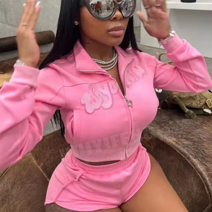 Regular Fit Summer One <b>Set</b> Velvet Two Piece Women Suit <b>Set</b> Zipper Pocket Short Top Long Sleeve - Product Image 2