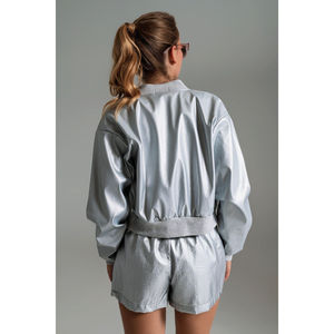 Chaqueta Bomber Metálica Plateada con Bolsillos Delanteros para la Temporada de Primavera - Product Image 1