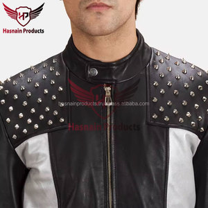 Mens Real Black <b>Silver</b> Leather <b>Jacket</b> Studded Shoulder Snap Collar Sheepskin Biker Coat Two Tone Punk Custom Winter Outerwear - Product Image 4