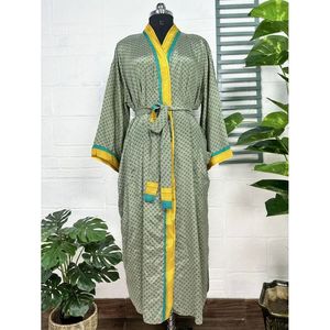 Recycled Vintage <b>Silk</b> Sari Robe <b>Green</b> and Yellow Boho House Kimono Dressing Gown Beach Coverup and Bridesmaid Anniversary Gift - Product Image 1