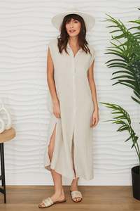 เดรสยาวทรงโบโฮ ผ้าลินิน/คอตตอนผสม แขนสั้น ทรงเอวธรรมชาติ สีพื้น สำหรับผู้หญิง - Product Image 4