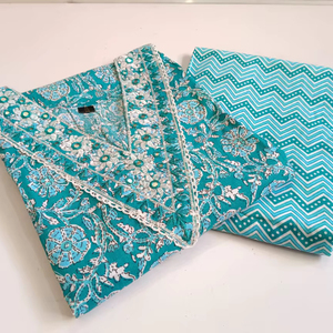 Kurta longue décontractée en coton biologique pur, coupe droite, manches 3/4, avec pantalon (taille élastique, col brodé, lavable) - Product Image 1