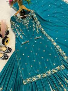 Collection de vêtements ethniques indiens Pure Crepe Silk Heavy Moti Work And Broded Work Party Wear Top and Sharara With Dupatta - Product Image 5