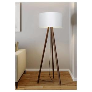 Lampada da terra a tre gambe in legno con testa rotonda in tessuto color crema