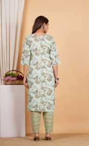 Ensemble Kurta Pantalon Dupatta en coton vert menthe avec col noué, broderie florale et travail de miroir, coupe droite mi-longue pour femmes - Product Image 2