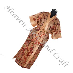 KL010 Pure Silk Vintage Sari Kimono Chaqueta Larga para Mujer Diseño Abstracto Tamaño Libre Ajustable para Verano - Product Image 5
