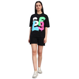 2025 New Arrival <b>Black</b> Matching Set for <b>Women</b> Casual Relax fit Soft Cotton Colorful Letter Print Tee and <b>Short</b> Best For Ladies - Product Image 4