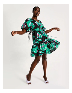 Charm Energetic <b>Black</b> Midi Chiffon 100% Cotton Short Sleeves Color Print <b>Wrap</b> Dress Loose Fit V-neck All-over Floral Print Tie - Product Image 5