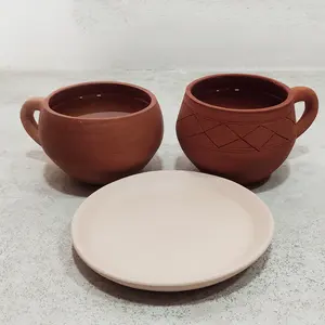 Meilleur prix usine argile terre cuite tasses à thé soucoupes tasse à café avec 200 300ML fait à la main non émaillé meilleur exportateur indien ensemble de tasses à thé