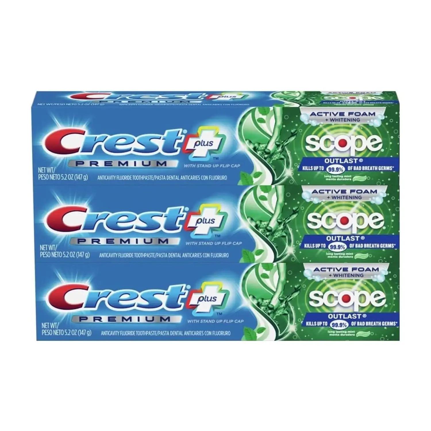 Paquete de pasta de dientes Crest Premium Plus Scope Outlast-3 tubos, 5,2 oz cada uno, sabor a menta fresca extendida