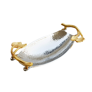 HOT SELLING DECORATIVE POLISHED HAMMERED <b>TRAY</b> <b>GOLD</b> LEAF BRANCH HANDLE CUSTOMIZED HANDMADE LUXURY METAL <b>SERVING</b> PLATTER Oval <b>TRAY</b> - Product Image 1