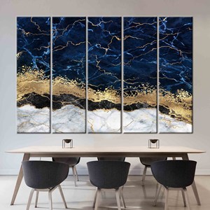 Obra de arte impresa en lienzo: azul marino y dorado abstracto moderno, 5P: estirado sobre lienzo - Product Image 1