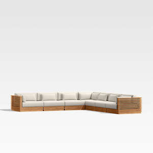 Modern Appearance Batten Natural Teak 7-Piece L-Shaped Outdoor Sectional Sofa with <b>Oat</b> Cushions - Product Image 1